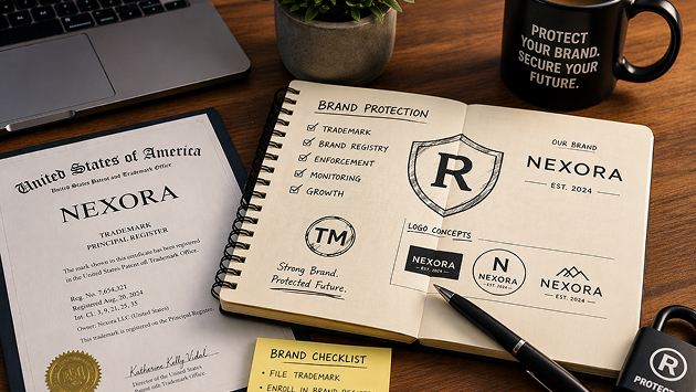Trademark registration certificate, brand protection planning notebook, logo concepts, and business workspace setup focused on brand security and trademark management.