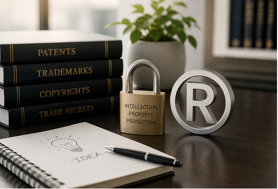 Stack of books labeled patents, trademarks, copyrights, and trade secrets beside a padlock and registered trademark symbol on a desk with a notebook showing a light bulb idea sketch.