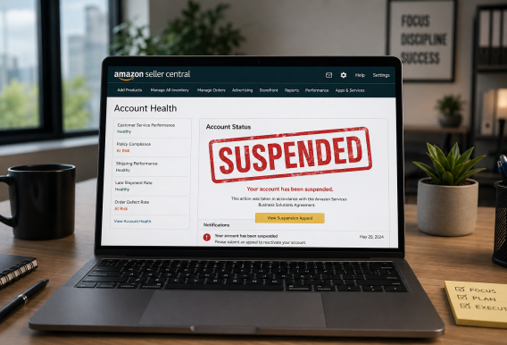 Amazon Seller Central account health dashboard showing a suspended seller account on a laptop screen