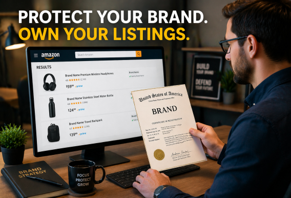 Business professional reviewing a brand registration certificate beside an Amazon product listings screen with text about protecting your brand and owning your listings.