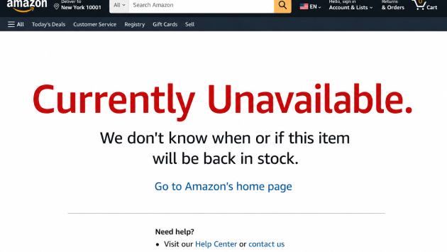 Amazon product listing showing a “Currently Unavailable” message on the product page