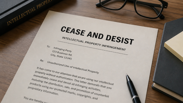 Close-up of a cease and desist letter about intellectual property infringement on a wooden desk with a pen, eyeglasses, and legal book in the background.