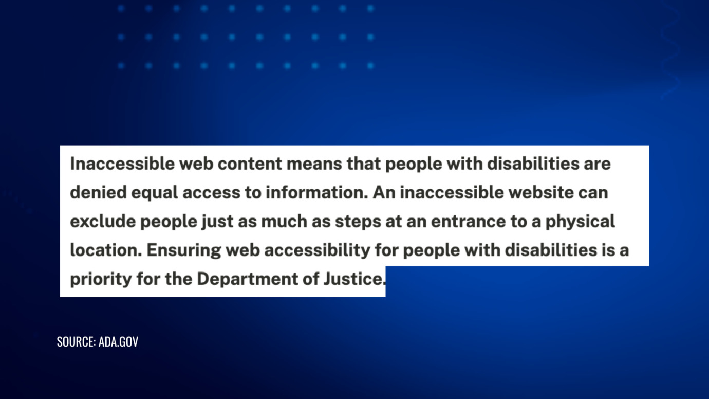 US Dept of Justice website accessibility excerpt explaining equal access requirements for people with disabilities online