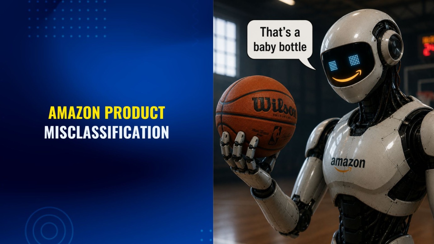 Illustration of an Amazon-branded AI robot holding a basketball and incorrectly identifying it as a baby bottle, representing Amazon product misclassification, automated compliance errors, listing restrictions, and incorrect category assignments for sellers.