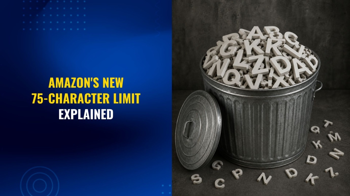 Illustration of a metal garbage can overflowing with alphabet letters, symbolizing Amazon's new 75-character product title limit. The image accompanies an article explaining how the title length restriction affects Amazon sellers and product listings.