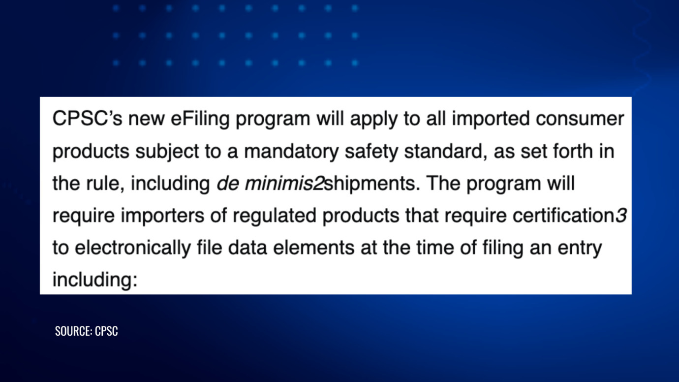 CPSC guidance explaining eFiling requirements for imported consumer products subject to certification
