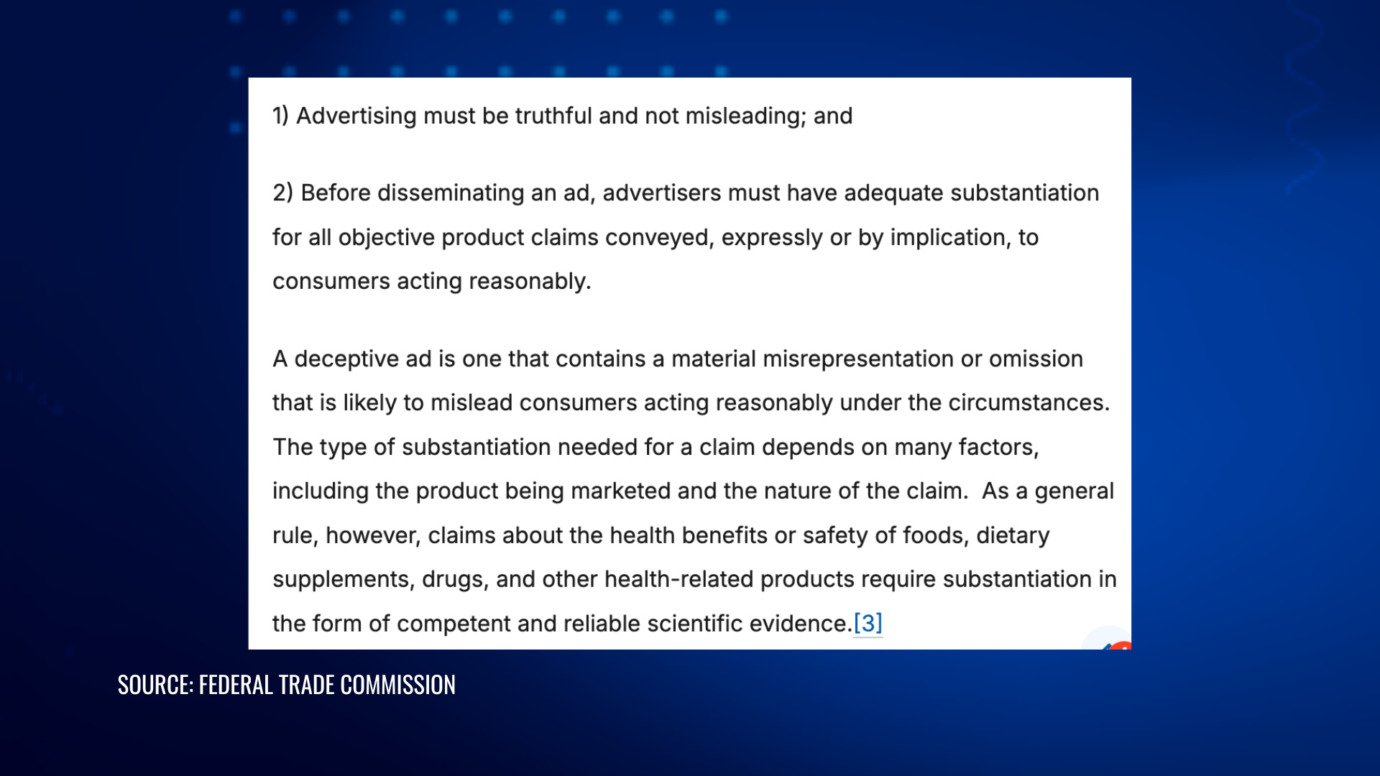 FTC states advertising must be truthful, non misleading, and supported by adequate claim substantiation