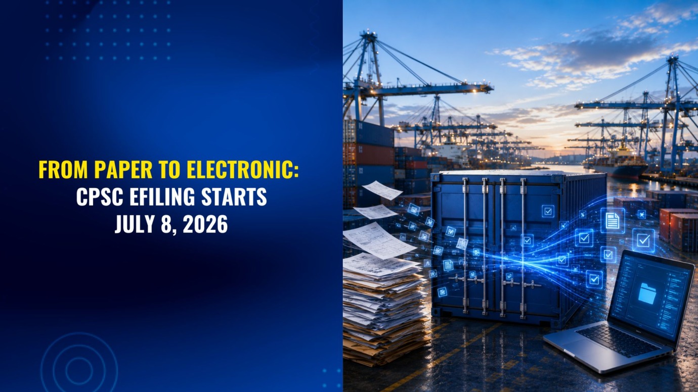 Illustration of a shipping container port showing the transition from paper documentation to digital CPSC eFiling. Stacks of paper forms, a cargo container, and a laptop connected by digital document icons highlight the July 8, 2026 start date for electronic Consumer Product Safety Commission filing requirements.