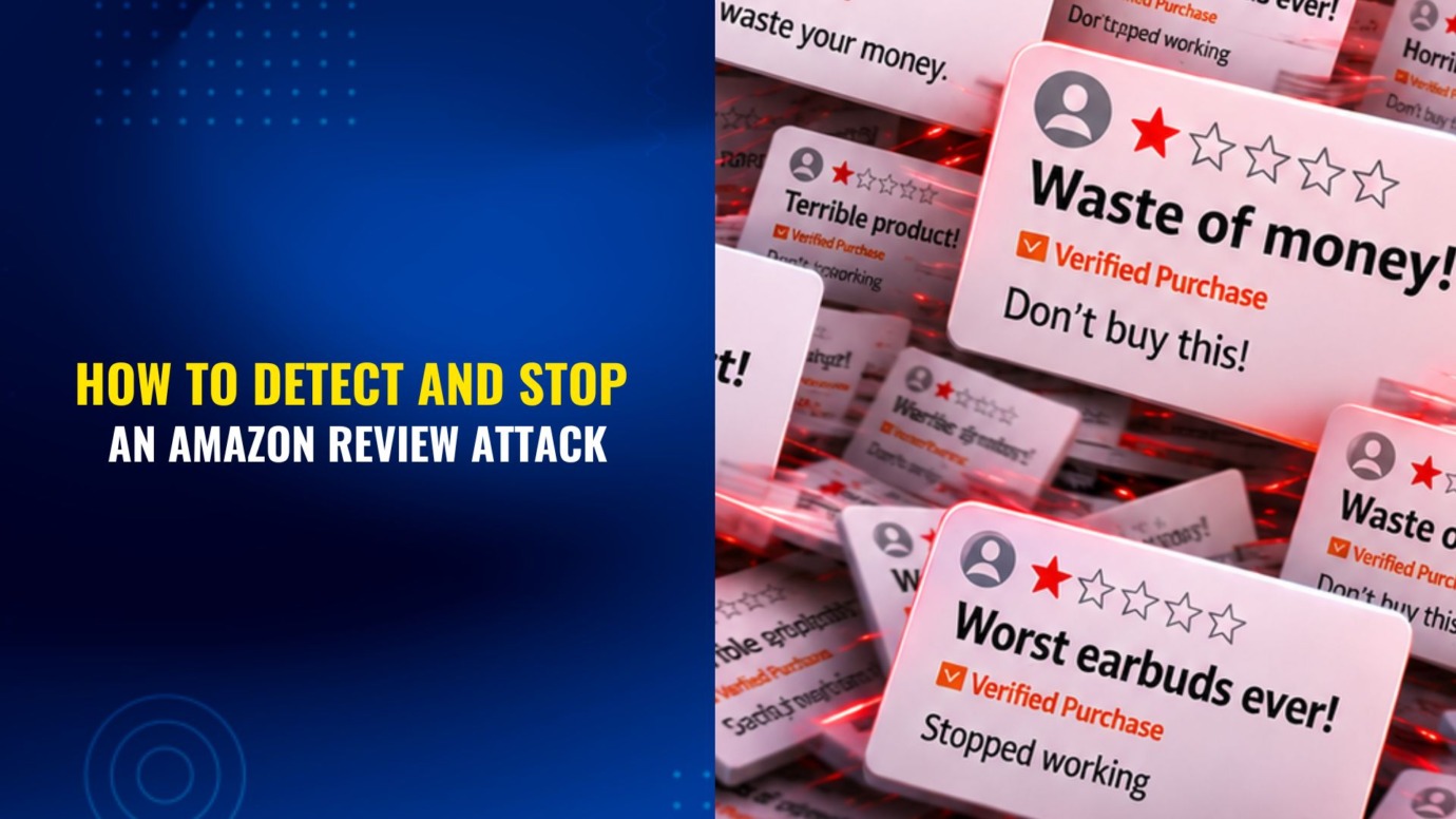 Amazon review attack illustration showing a pile of fake-looking 1-star reviews and warning-style negative feedback cards