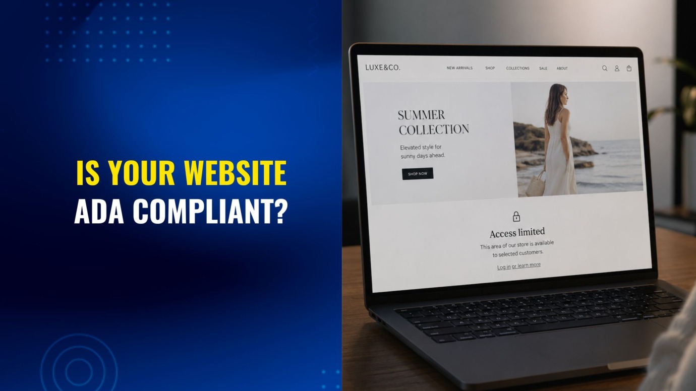 Laptop displaying an ecommerce website with limited access message and ADA compliance text for website accessibility concept