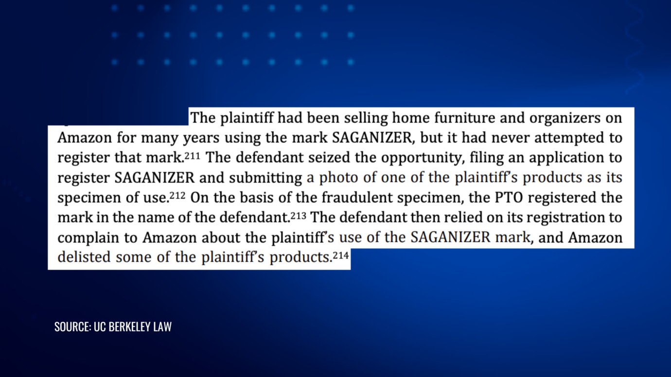 UC Berkeley Law example of trademark registration abuse leading to Amazon product delistings
