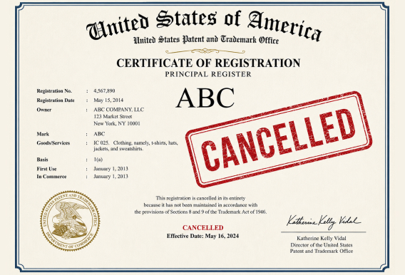USPTO trademark certificate of registration stamped "CANCELLED" for failure to file Sections 8 and 9 maintenance documents