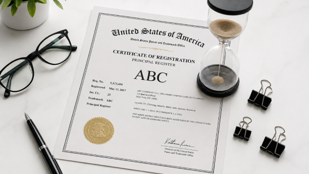 USPTO trademark certificate of registration beside an hourglass running out, representing an approaching trademark renewal deadline