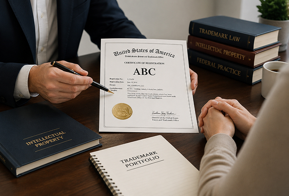 Trademark attorney reviewing a USPTO certificate of registration with a client, with trademark law and intellectual property books on the desk