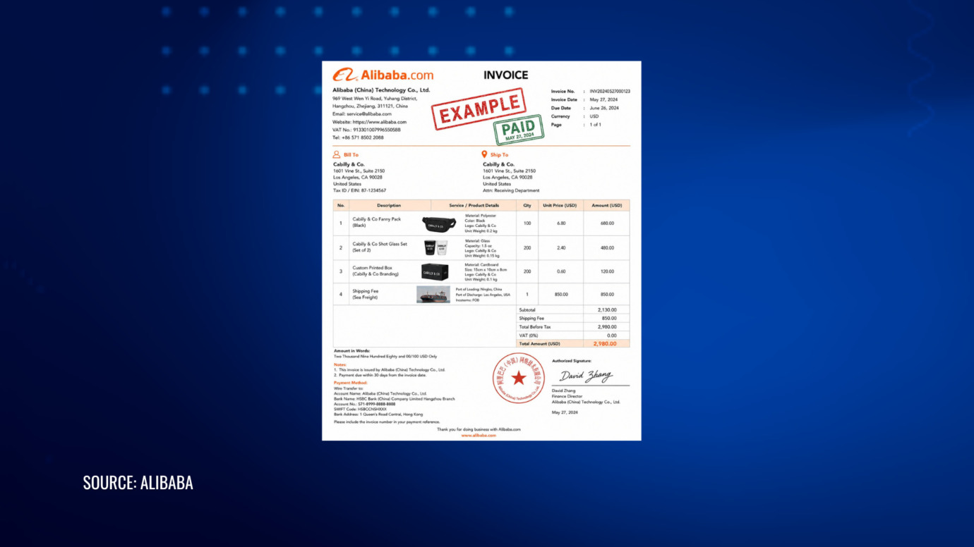 Sample Alibaba invoice showing product details, shipping costs, payment status, and order information