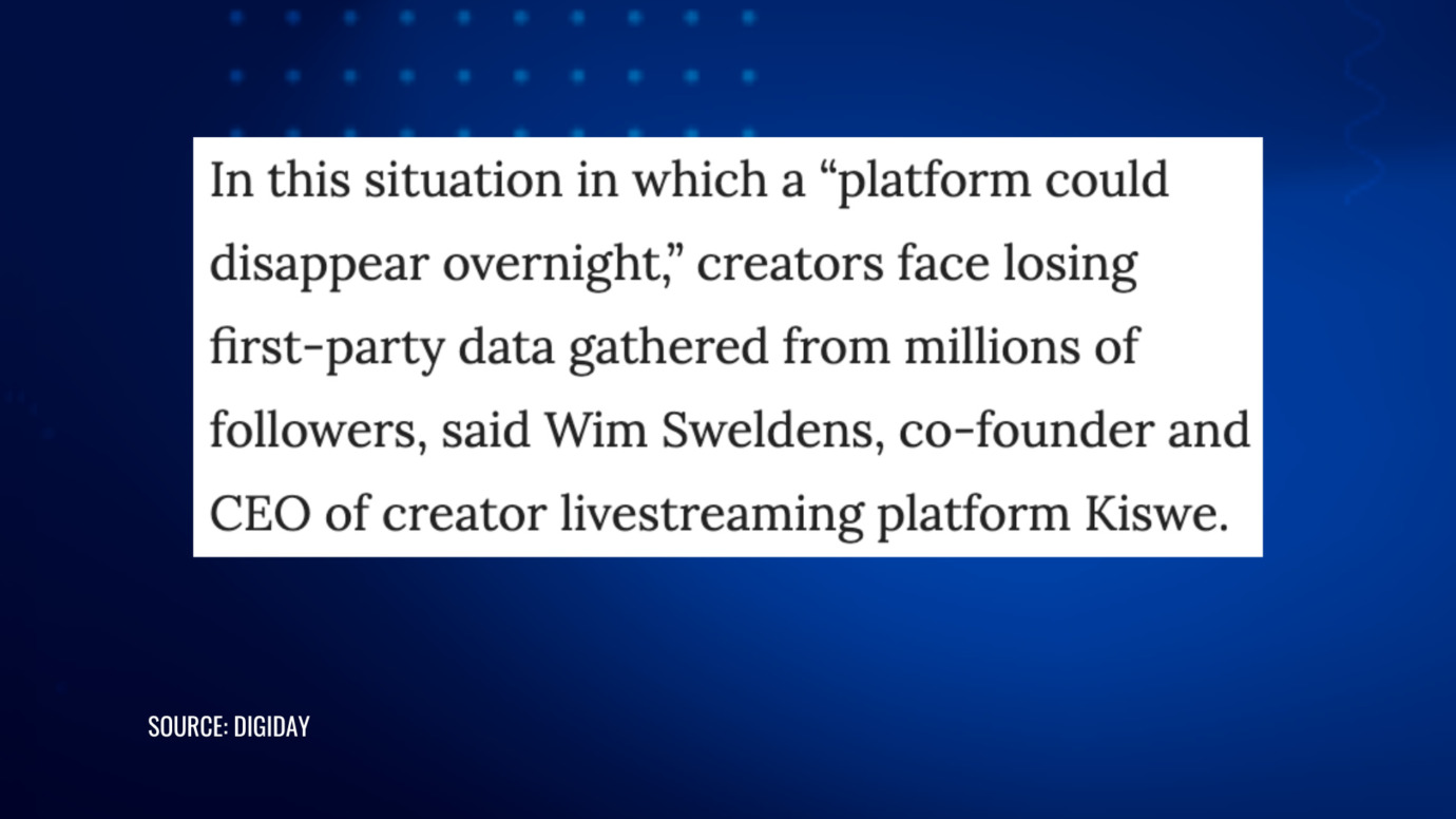 Kiswe CEO quote on platform risk
Alt text: Creators risk losing follower data if a platform disappears overnight, says Kiswe CEO Wim Sweldens
