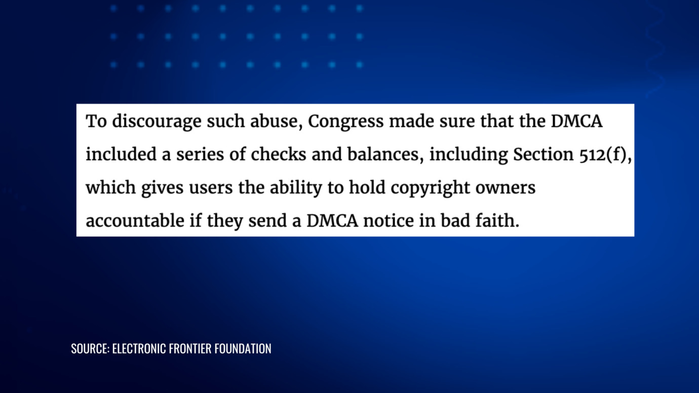 Section 512(f) checks and balances quote
Alt text: DMCA Section 512(f) lets users hold copyright owners accountable for bad-faith takedown notices