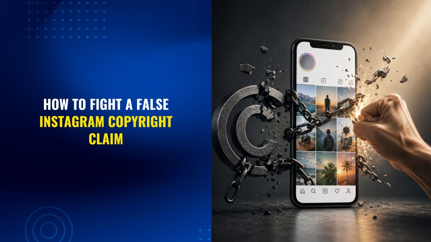 Illustration of an Instagram-style social media profile breaking free from chains as an impact shatters the restraints, symbolizing successfully challenging a false copyright claim and restoring access to content.