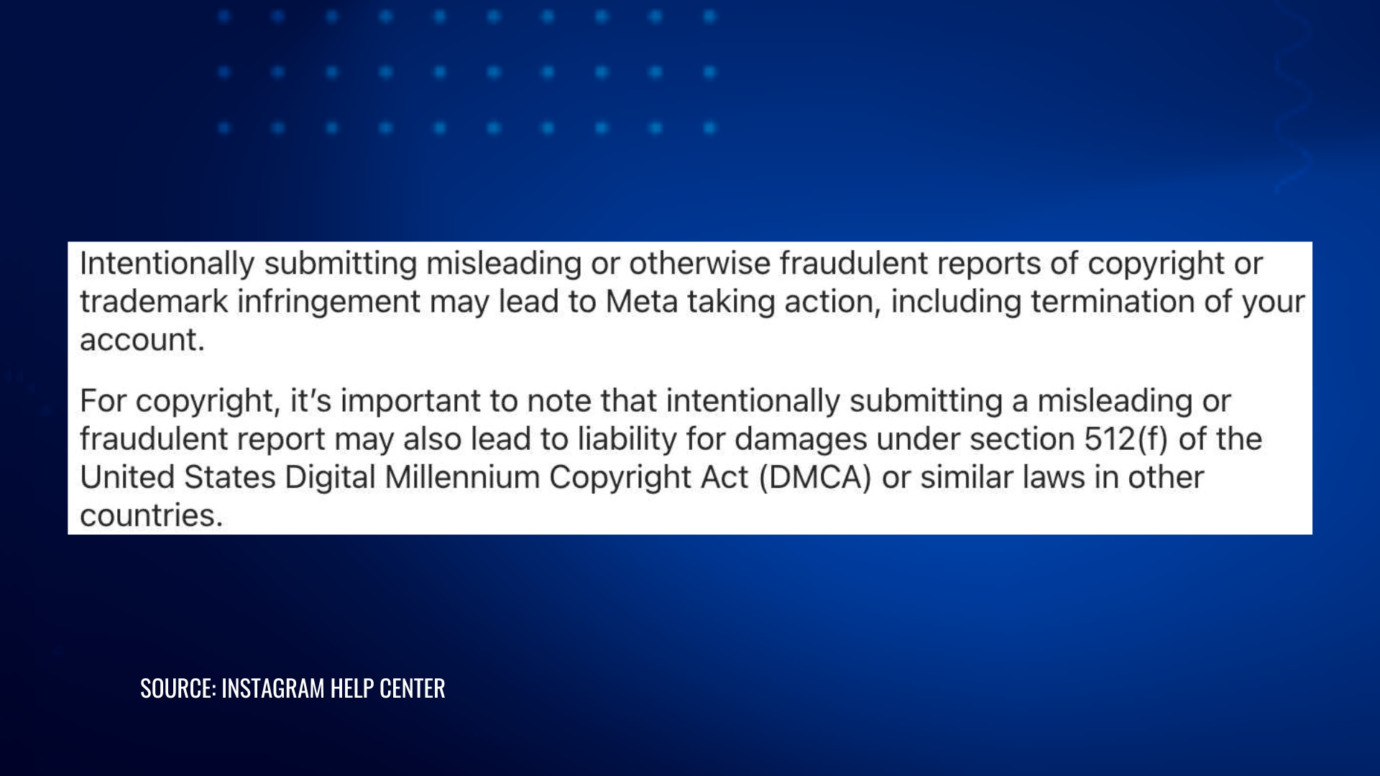 Instagram policy quote warning fraudulent DMCA copyright reports risk account termination