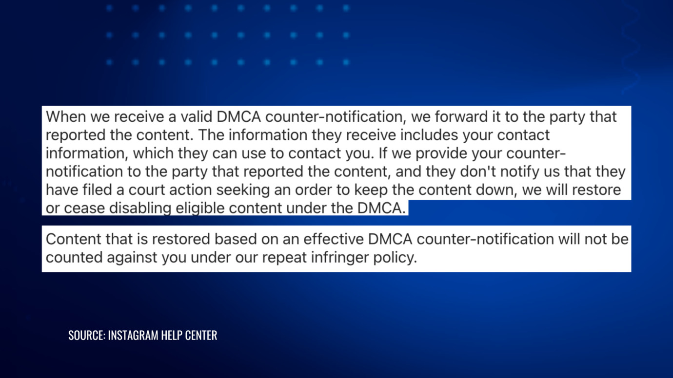 Instagram DMCA counter-notification policy quote explaining content restoration process