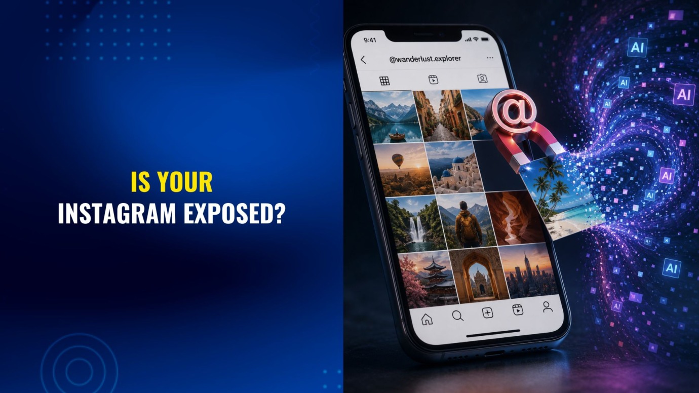 Illustration of a smartphone displaying an Instagram-style photo grid as an @ symbol pulls one image into a swirling stream of AI-generated pixels, representing how artificial intelligence may collect and process public Instagram content for training.