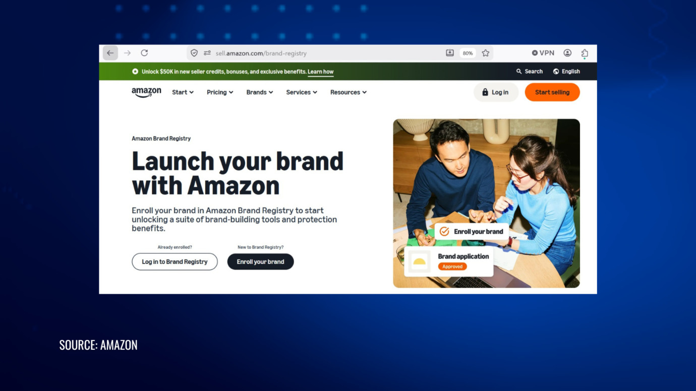 Amazon Brand Registry page showing brand enrollment tools and protection benefits for sellers