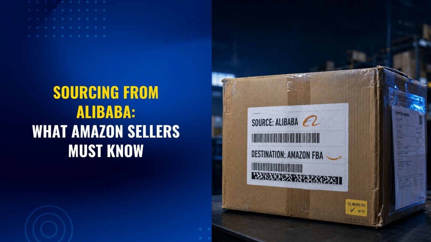 Cardboard shipping box labeled as sourced from Alibaba and destined for Amazon FBA, illustrating Alibaba sourcing, supplier documentation, and Amazon seller compliance requirements.