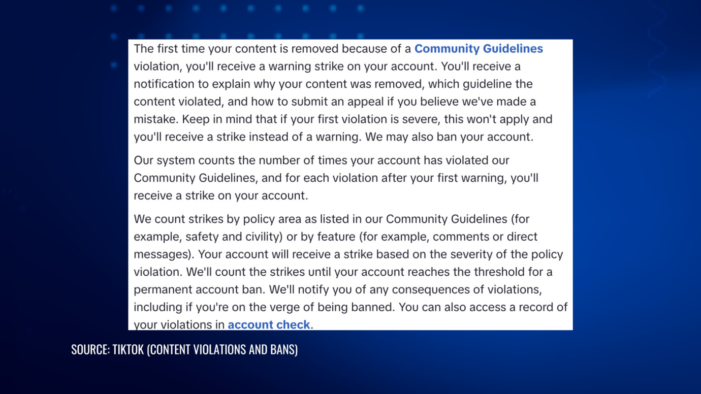 TikTok policy explaining warning strikes, Community Guidelines violations, and permanent account ban thresholds