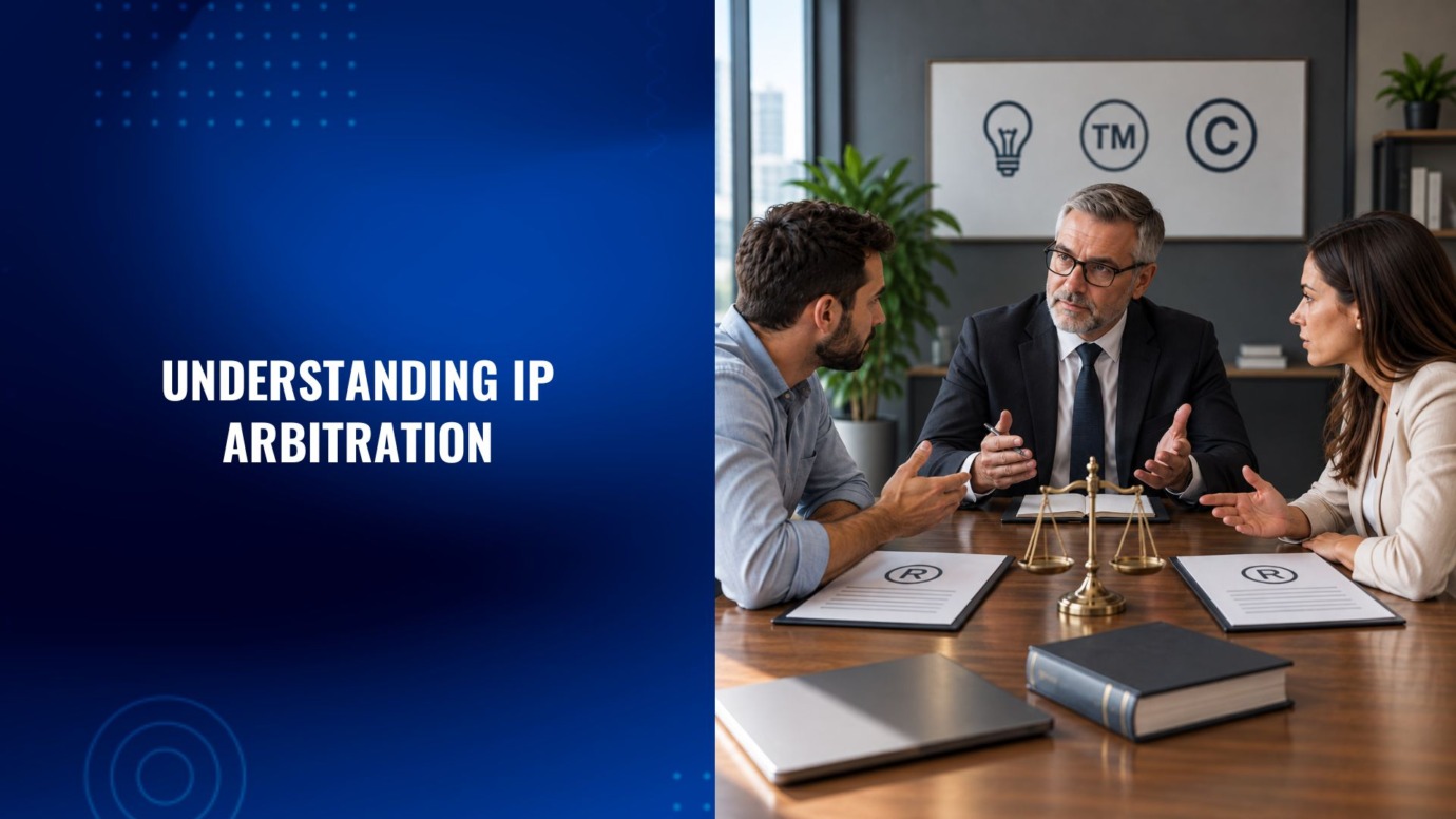 IP arbitration meeting between two parties and an arbitrator discussing intellectual property rights