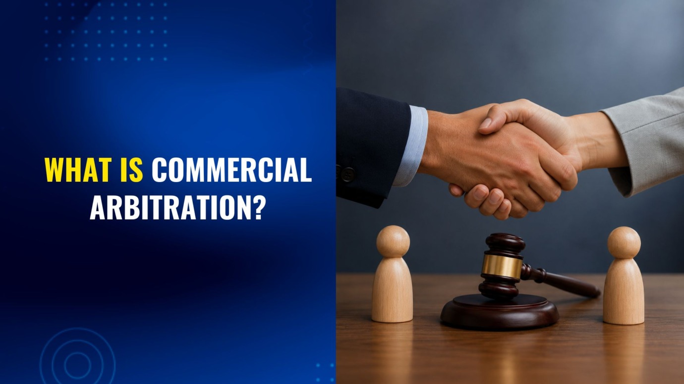 Illustration of two business professionals shaking hands above a judge's gavel, symbolizing commercial arbitration as a private method of resolving business disputes outside of court.