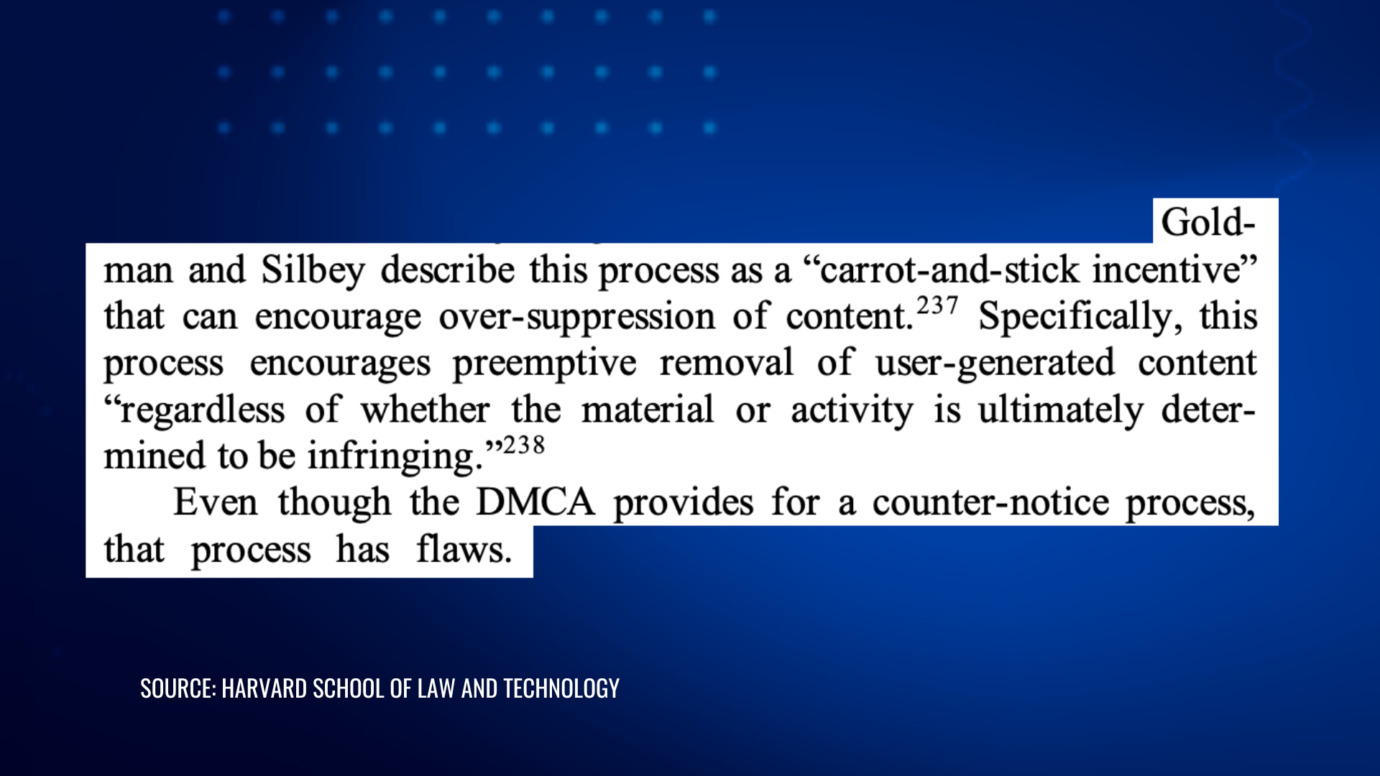 Quote explaining how the DMCA takedown process pressures platforms to remove content first and verify a copyright claim later