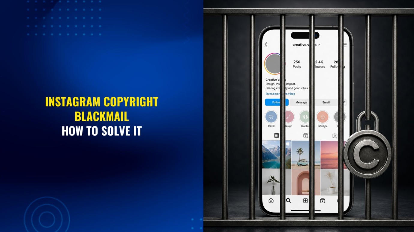 Illustration of an Instagram-style social media profile displayed on a smartphone behind prison bars with a copyright symbol used as a lock, representing copyright blackmail and account restrictions on social media.