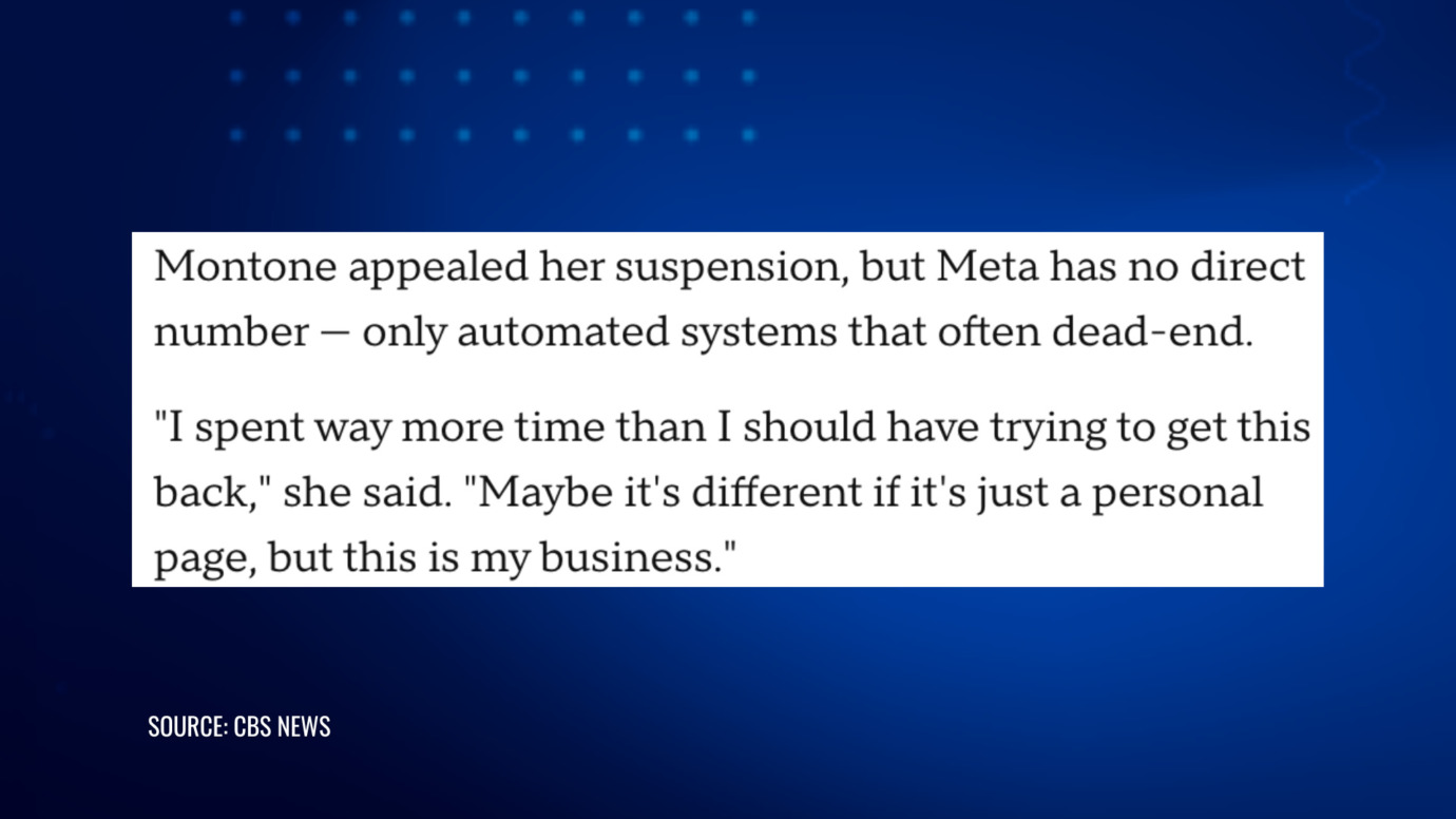 Monica Montone says Meta's automated appeal system left her gym's Instagram suspension unresolved