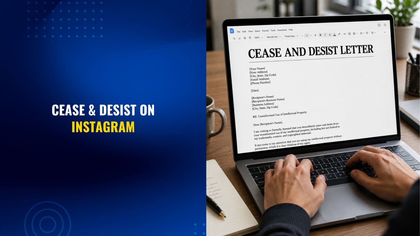 Person typing a cease and desist letter on a laptop with text reading “Cease & Desist on Instagram.”