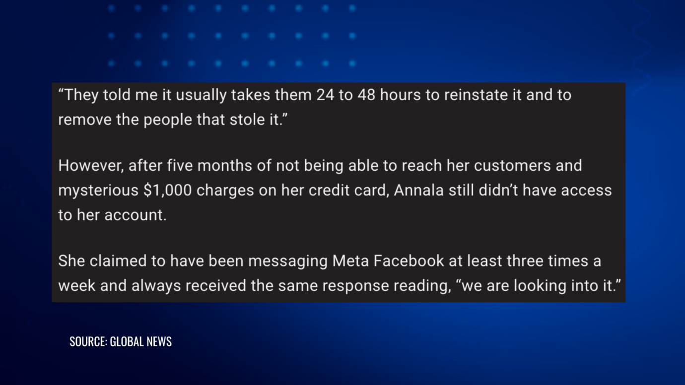 Fabric shop owner Rochelle Annala lost access to her hacked business account for five months despite Meta support requests