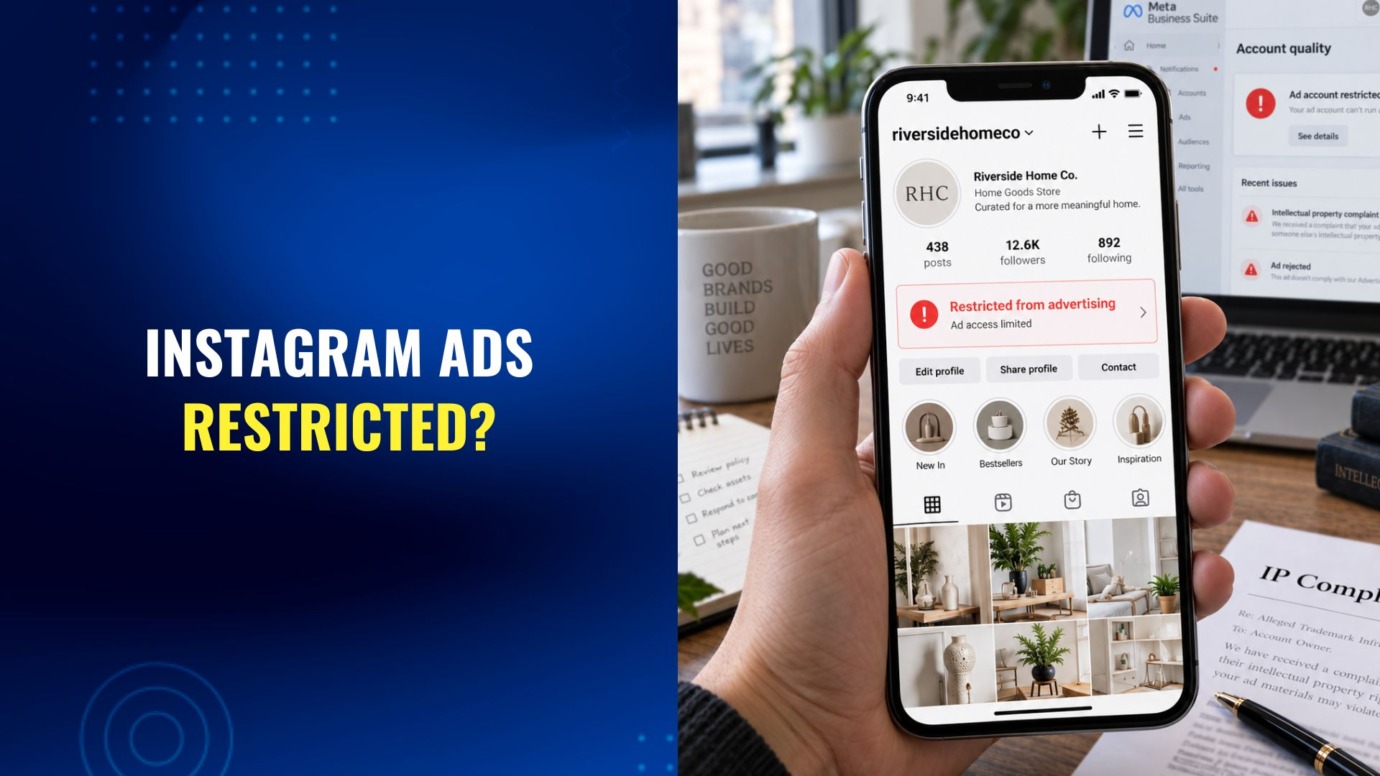Instagram business account restricted from advertising with Meta Business Suite warning and IP complaint