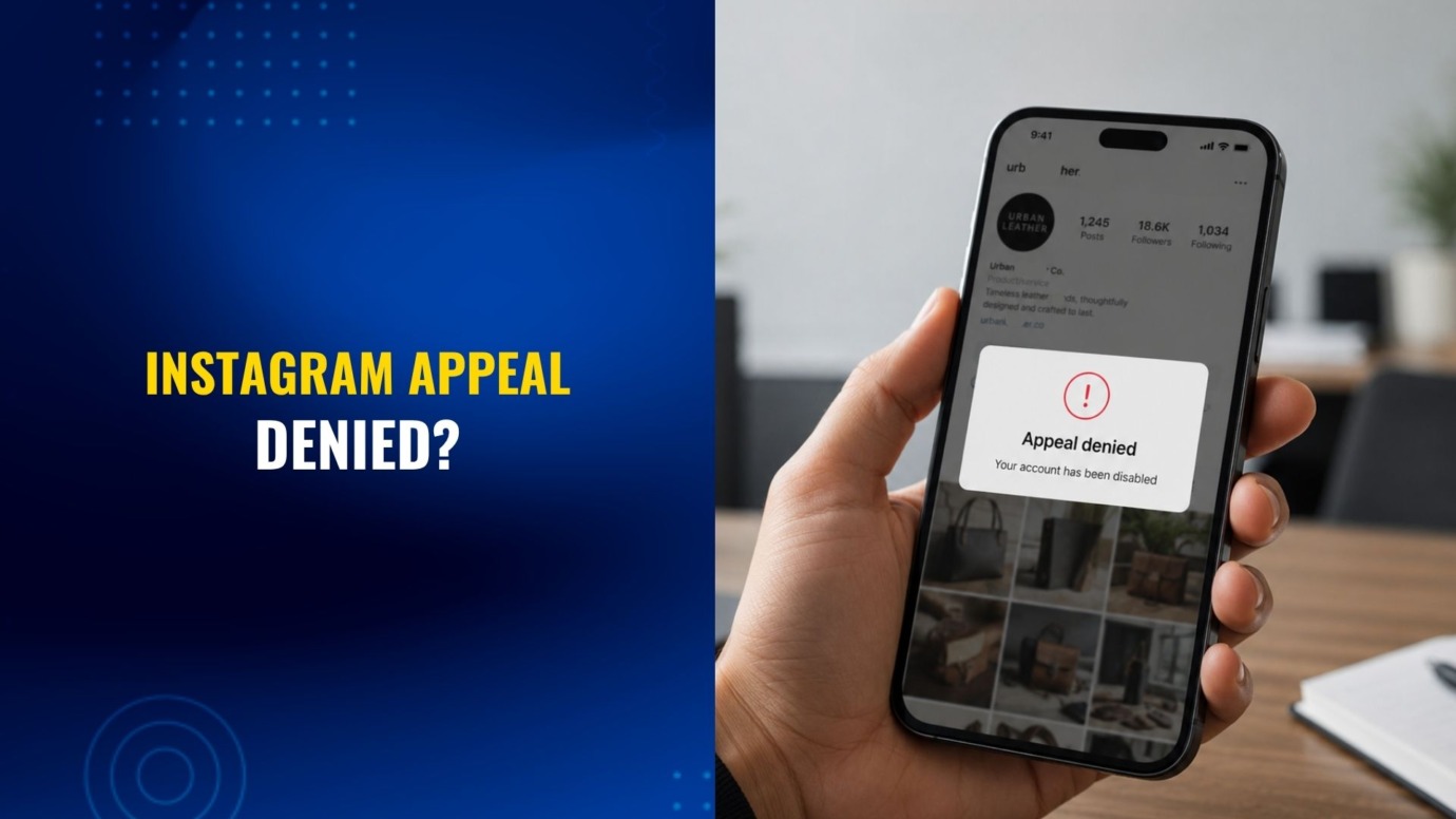 Instagram appeal denied notification on a disabled business account, showing an unsuccessful account suspension appeal.