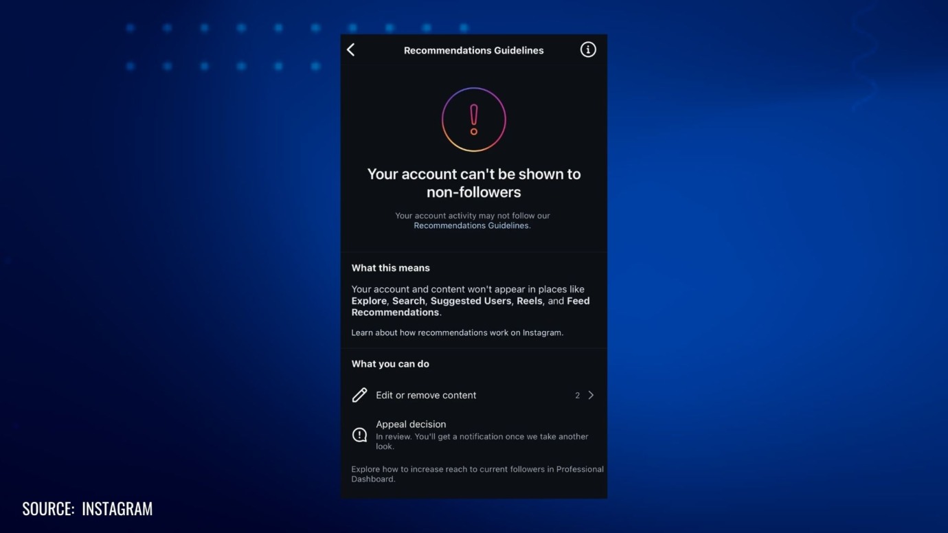 Screenshot of Instagram’s Recommendations Guidelines page showing a notice that an account can’t be shown to non-followers because its activity may not follow Instagram’s recommendation guidelines. The notice states that the account and its content won’t appear in Explore, Search, Suggested Users, Reels, or Feed Recommendations.