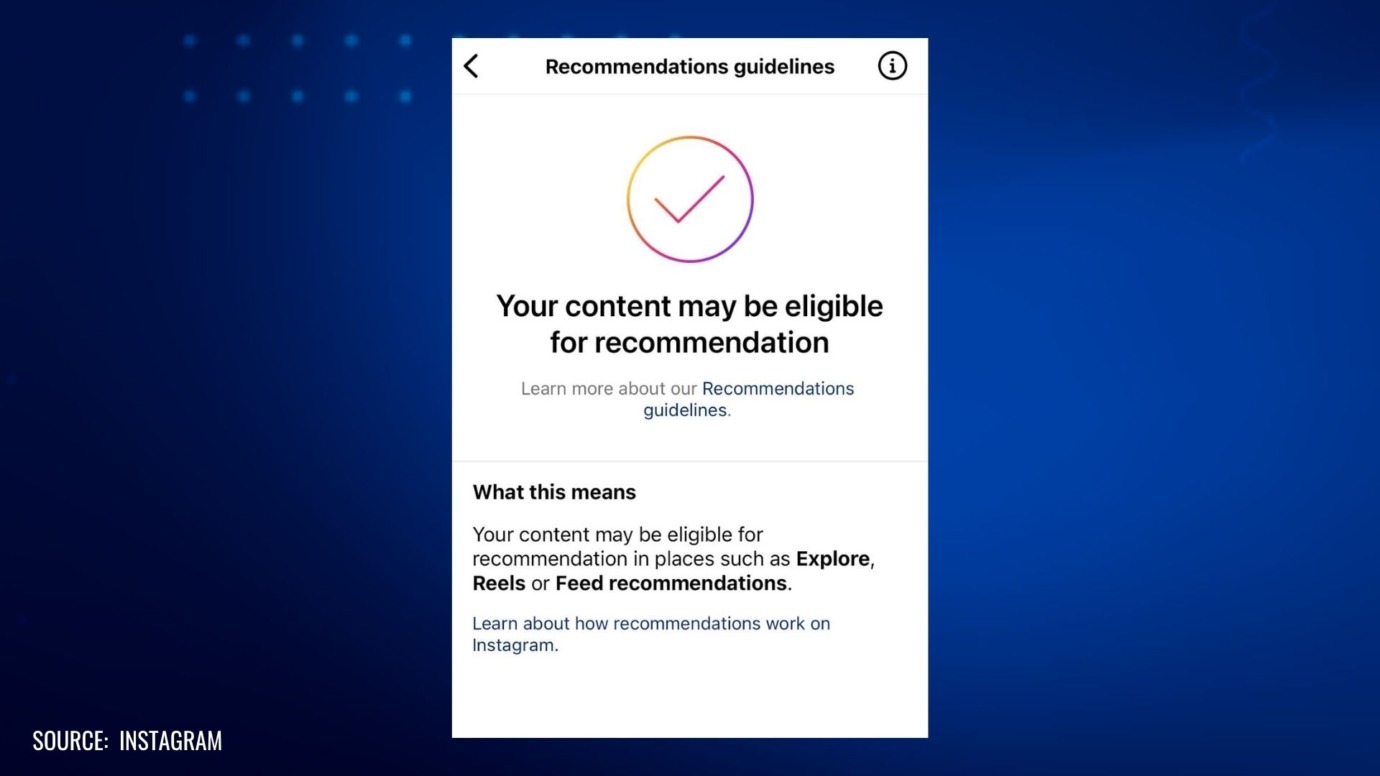 Screenshot of Instagram’s Recommendations Guidelines page showing a checkmark and a notice that the account’s content may be eligible for recommendation in places such as Explore, Reels, and Feed recommendations.