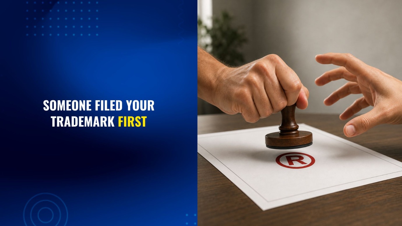 Two people competing to register a trademark, with one person stamping the registered trademark symbol first.