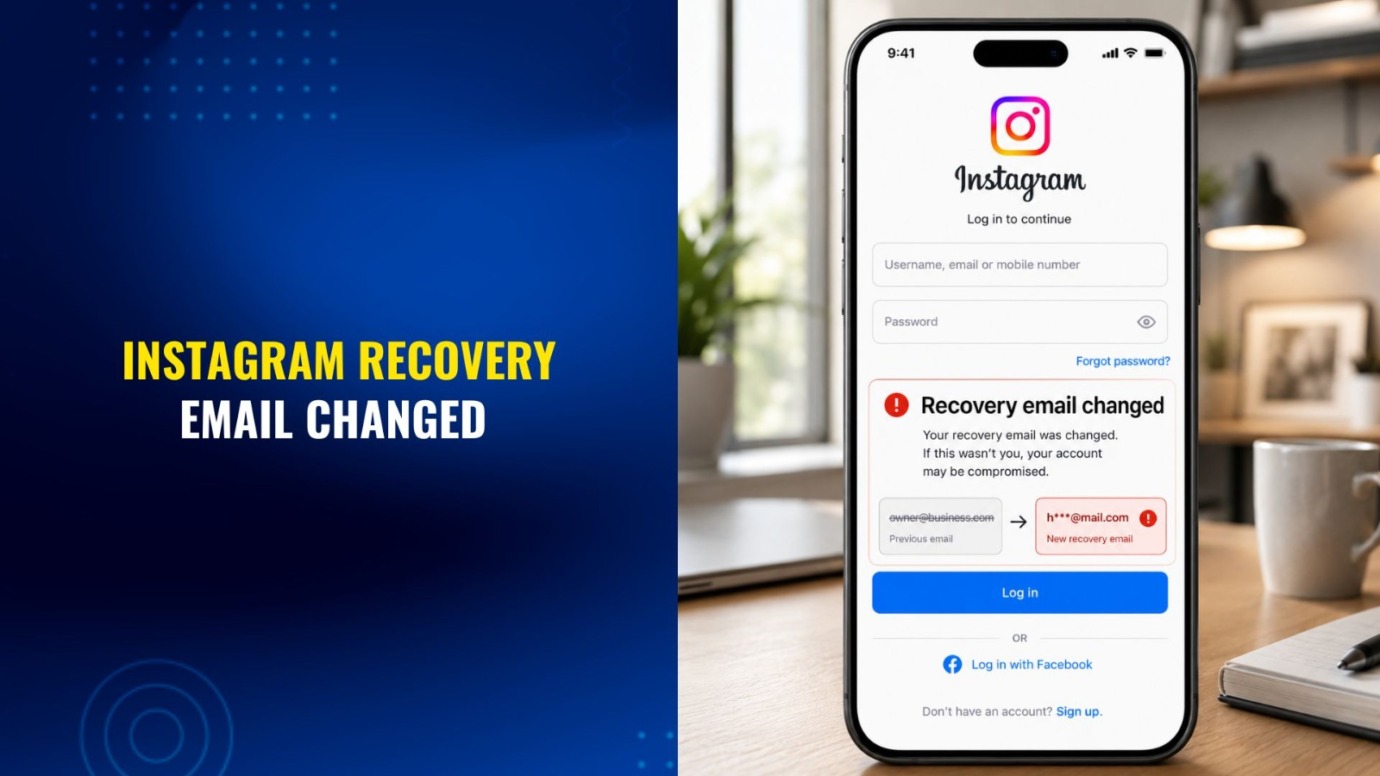 An Instagram login screen warns that the recovery email changed, a sign the account was hacked