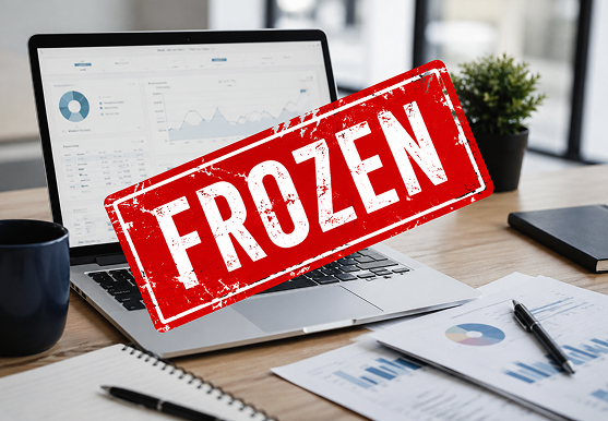 Business laptop and financial documents marked frozen due to unresolved commercial dispute