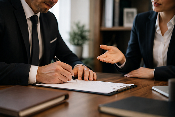 Attorney and client discussing arbitration agreement before signing settlement document