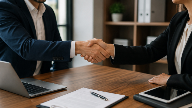 Business partners shaking hands after resolving a commercial dispute through arbitration