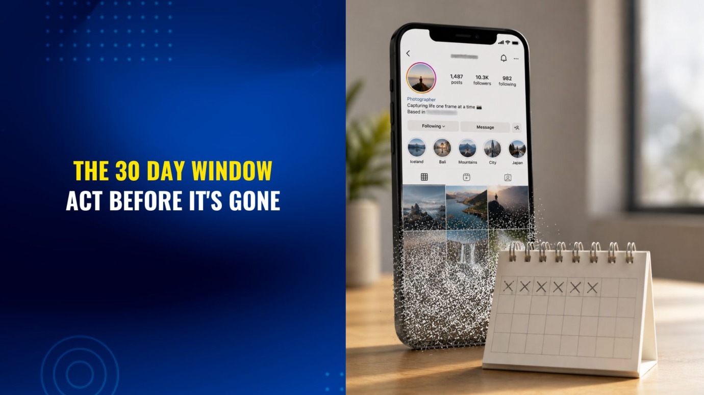 Illustration of an Instagram-style profile gradually fading into particles beside a desk calendar with crossed-off days, representing the 30-day window to recover a disabled Instagram account before permanent deletion.