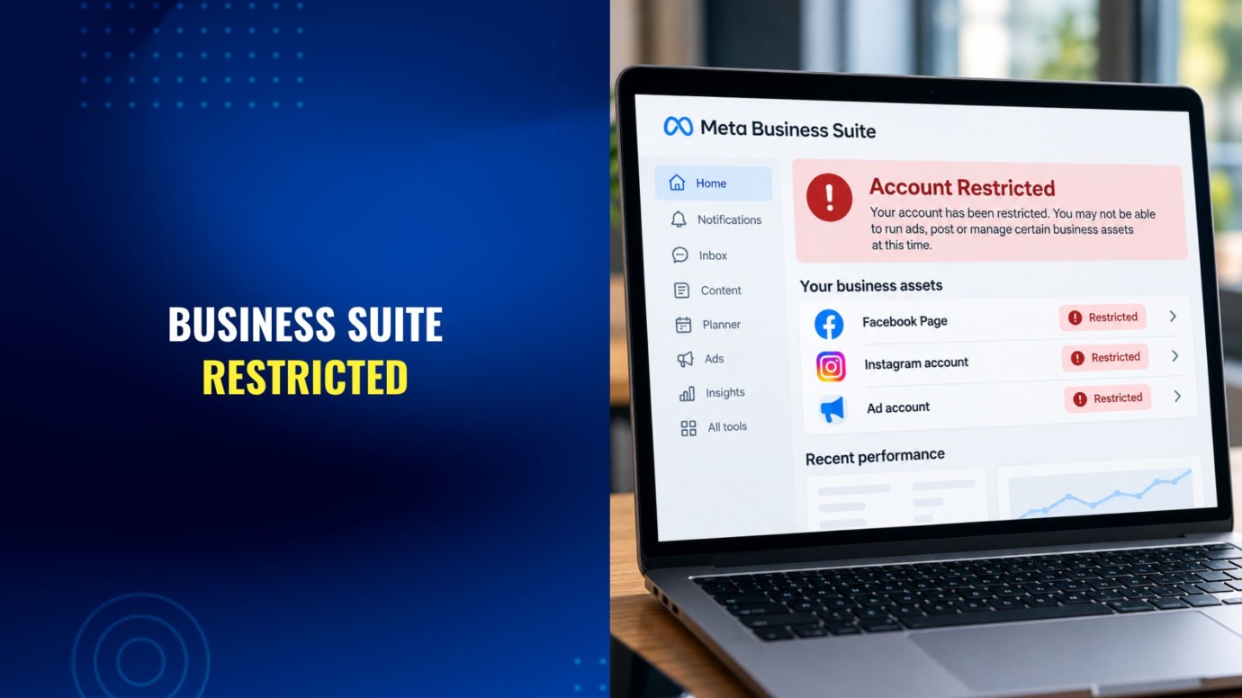 Meta Business Suite account restricted warning showing restricted Facebook, Instagram, and ad account access