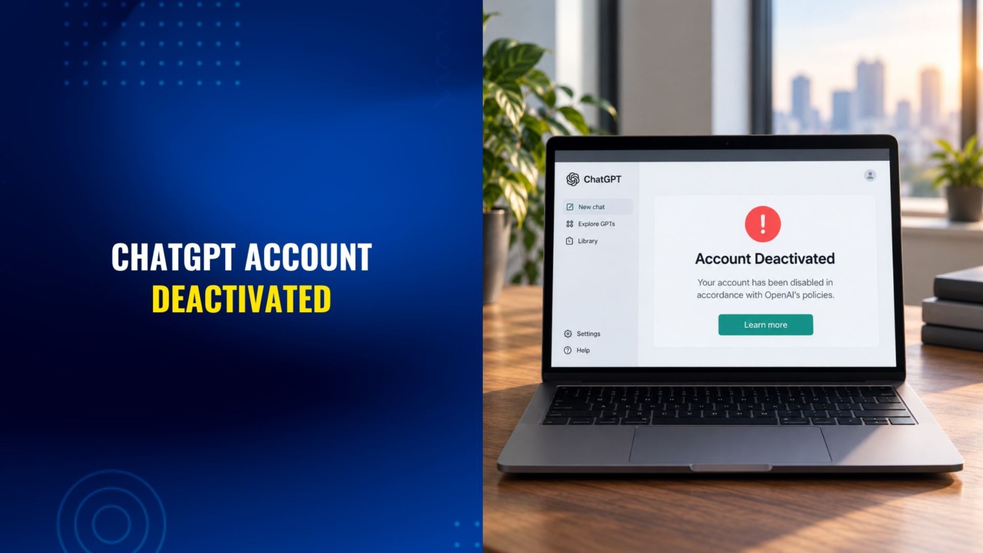 ChatGPT account deactivated message displayed on a laptop with text explaining OpenAI account deactivation.