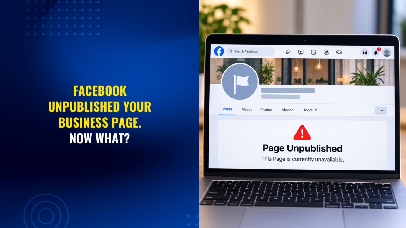 Facebook business Page unpublished warning displayed on a laptop, explaining what to do when Meta removes a Page from public view.