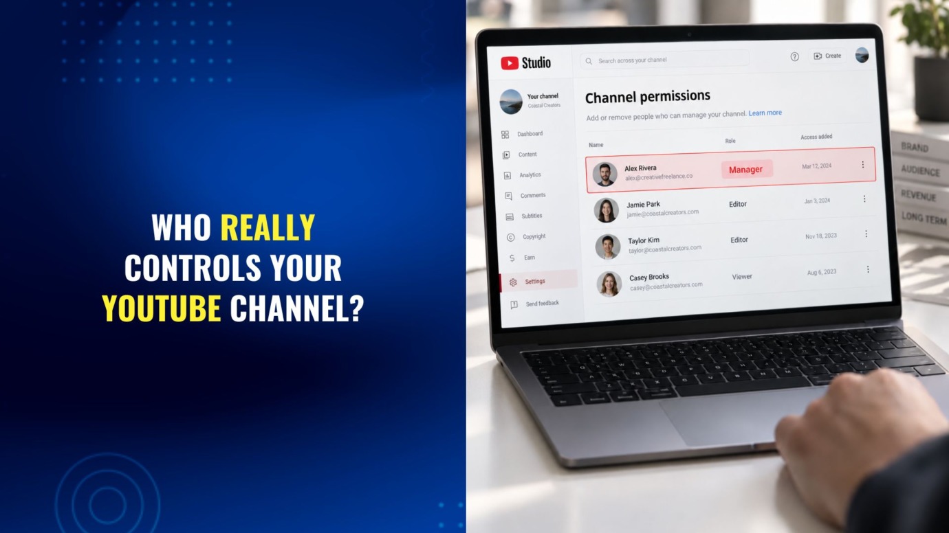 YouTube Studio channel permissions screen showing a freelancer with Manager access to a YouTube channel