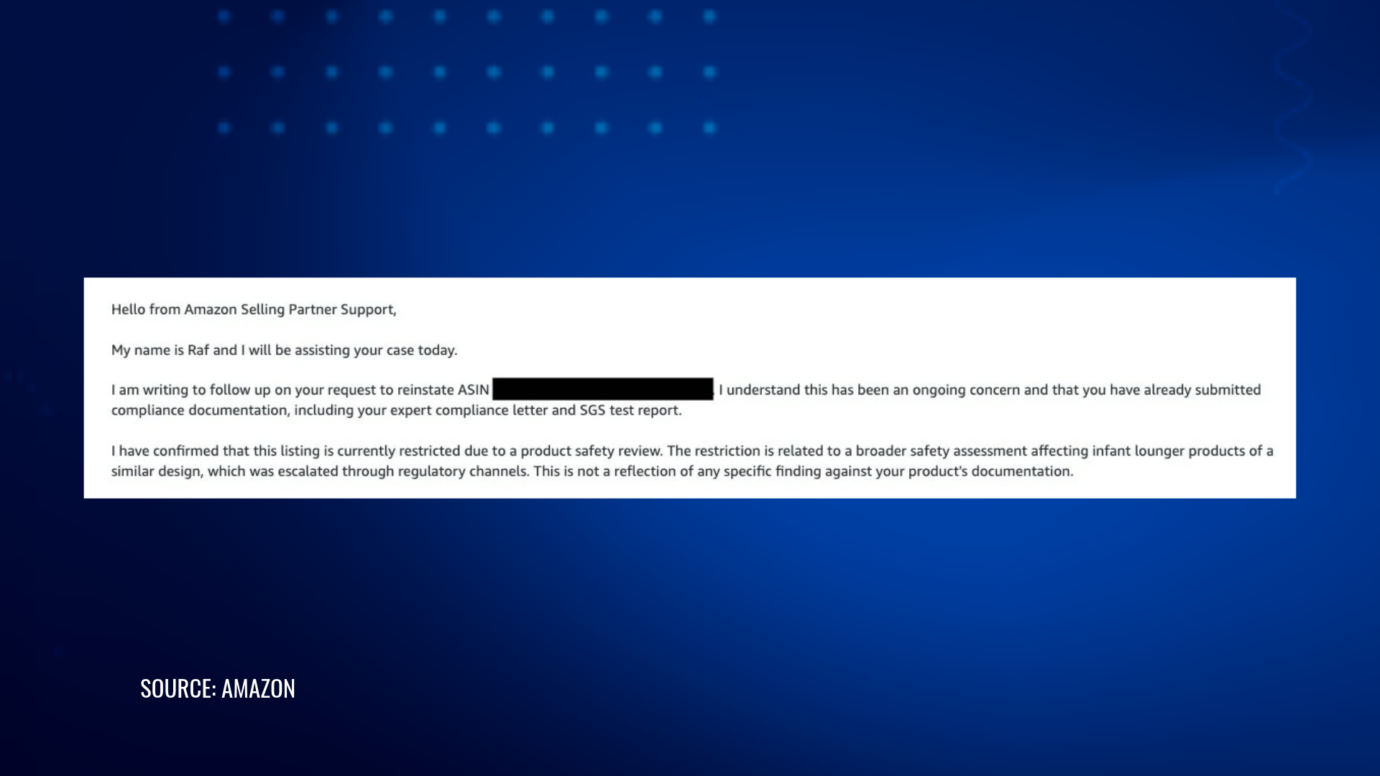 Amazon Seller Support says an infant lounger listing is blocked by a category-wide safety review, not its documents